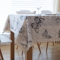 Vintage Butterfly Print Cotton Linen Tablecloth w/ Lace