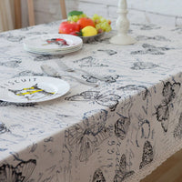 Vintage Butterfly Print Cotton Linen Tablecloth w/ Lace