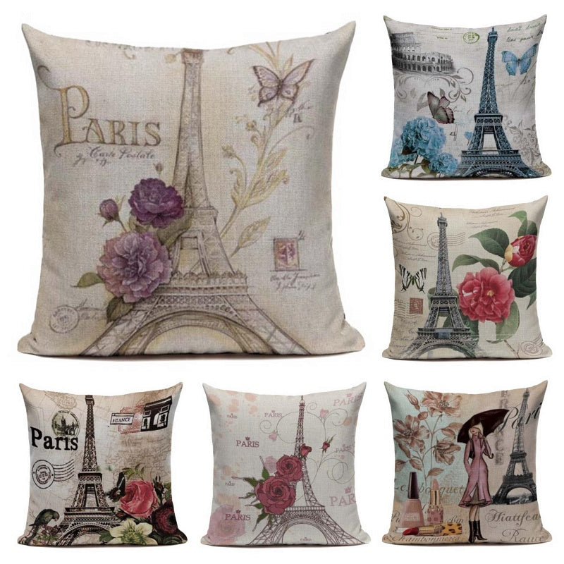 18" Vintage Floral Paris / Eiffel Tower Throw Pillow Cover