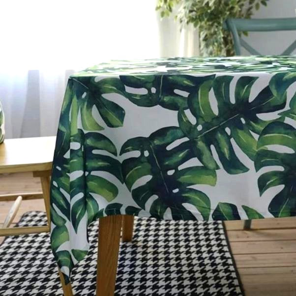 White Tropical Palm Leaf Print Polyester Tablecloth