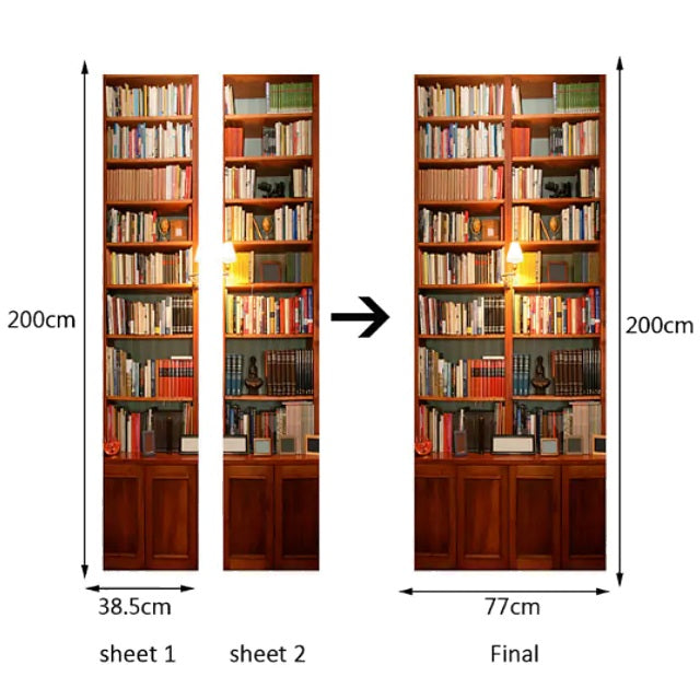 Wooden Bookcase 3D Door Mural Sticker