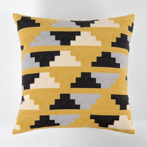 18" Yellow / Gray Embroidered Geometric Stripe Pillow Cover