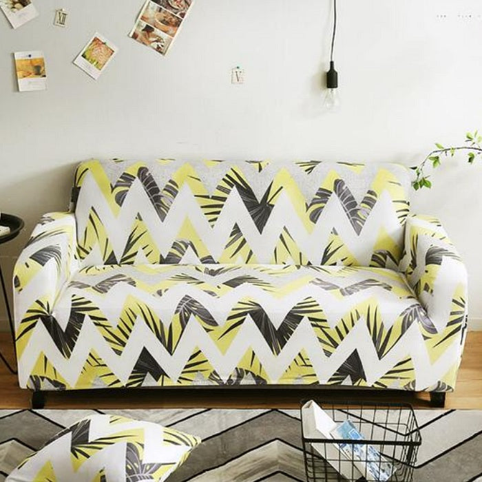 Yellow Zig-Zag Palm Leaf Pattern Sofa Couch Cover